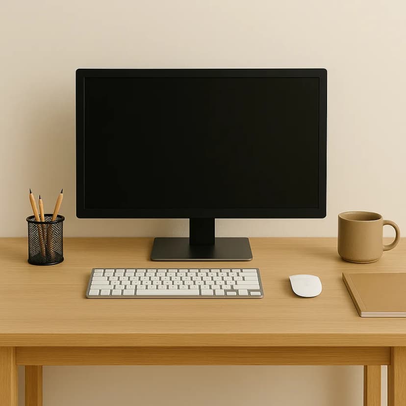 A minimalist work-from-home setup with a sleek white oak desk