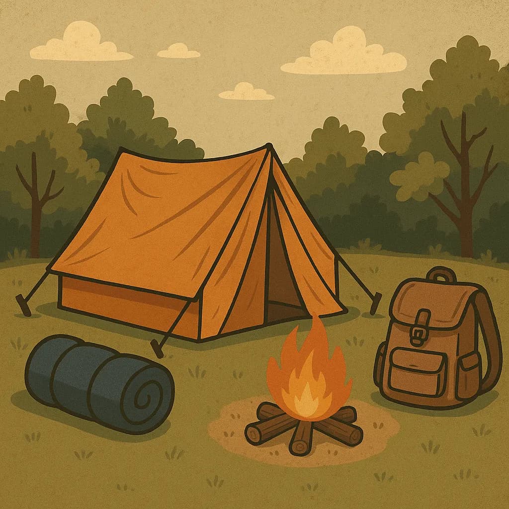 Image transformed with rustic loft patio style: [image-0e8dd4e5-f68c-4f65-84e6-c13215171330] A retro camping gear scene with a vintage canvas tent
