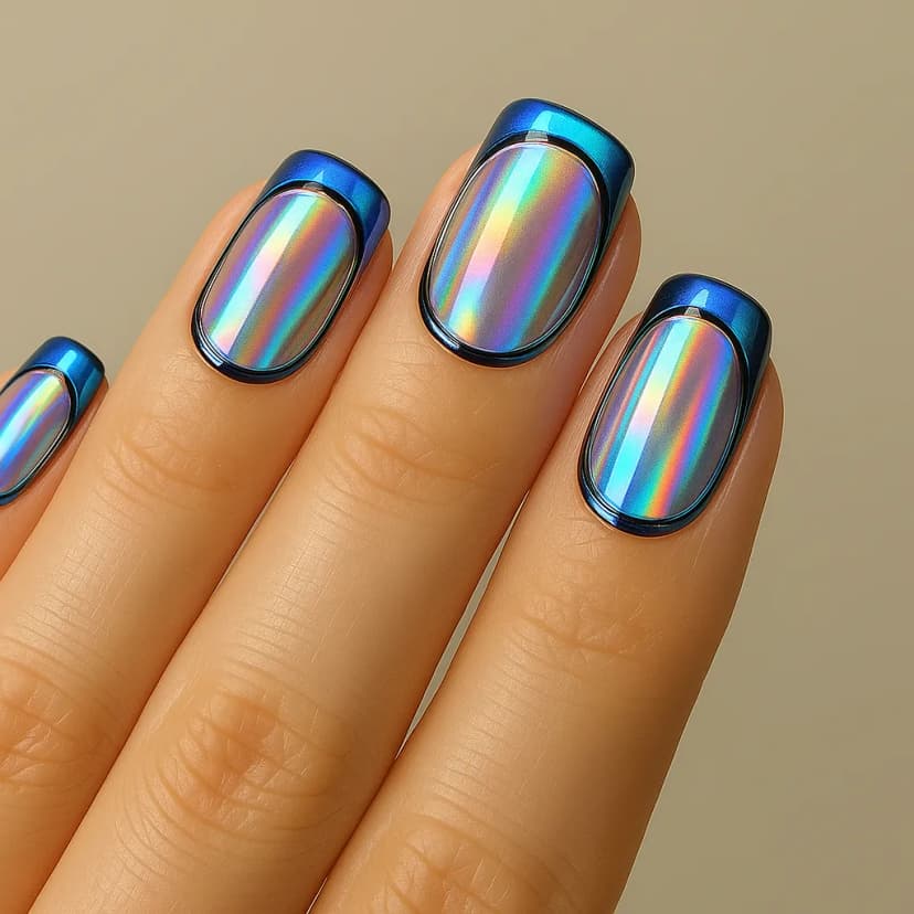 A futuristic nail art design with holographic chrome polish