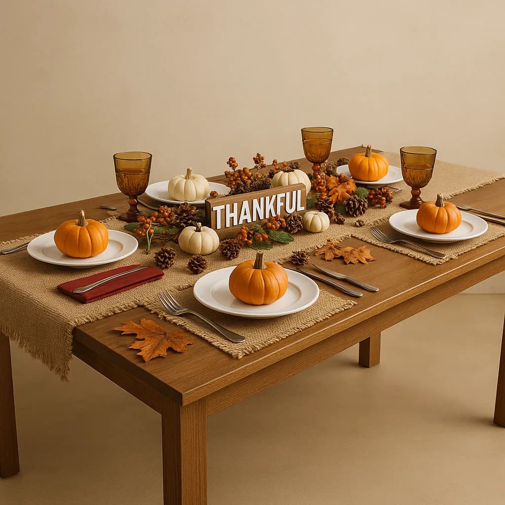 AI generated image: A rustic Thanksgiving table with burlap runners. High-quality digital artwork created with AI image generation.