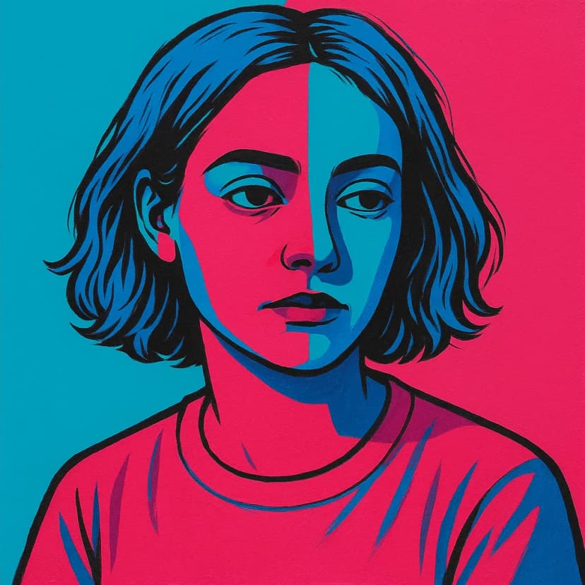 A surreal pop art portrait with vibrant magenta and cyan color blocks
