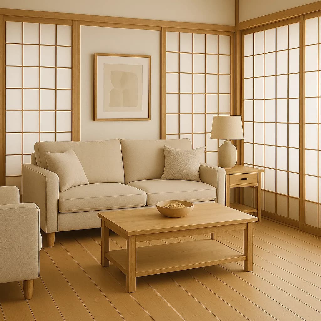Image transformed with spanish interior design style: [image-9a7cde86-d58f-45b6-b5e2-123265baac10] A serene Japandi living room with minimalist shoji screens
