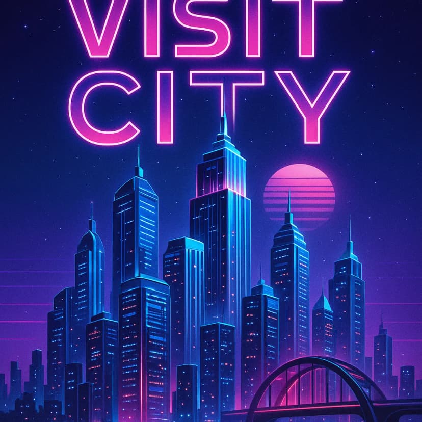 A retro-futurist poster of a neon-lit metropolis with chrome skyscrapers