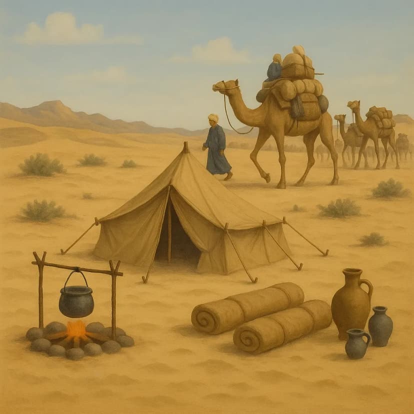 A Sahara nomad camp with camel caravans