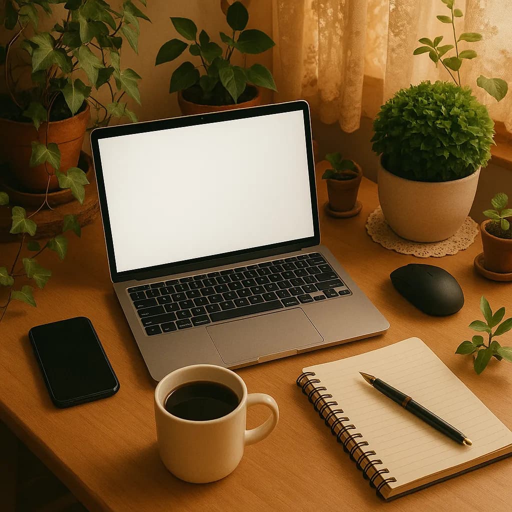 Image transformed with interior design style: [image-729128f9-66ee-4bab-9df4-0fb540eeeb3b] Cottagecore workstation with plants, cozy productive space, warm lighting, WFH setup inspiration, Pinterest-worthy