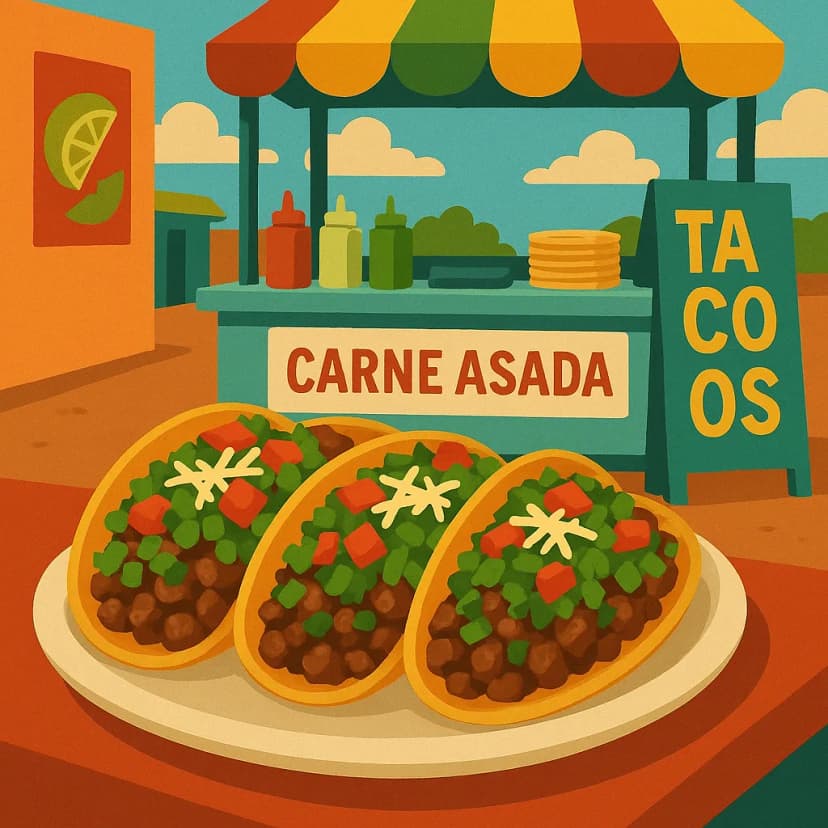 A Mexican street taco stand with vibrant carne asada tacos