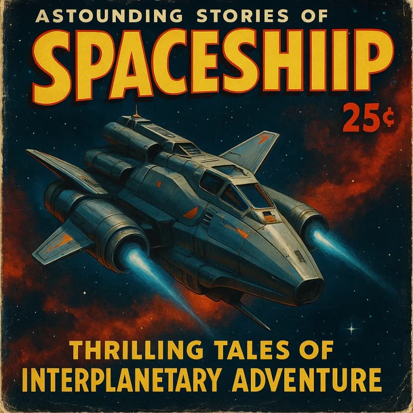 "Retro sci-fi pulp magazine cover featuring sleek spaceship