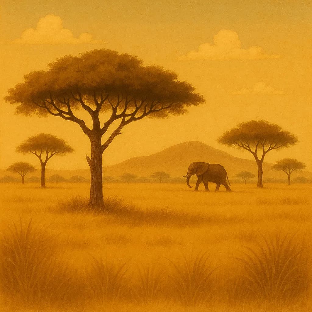 AI generated image: An African safari landscape with golden acacia trees. High-quality digital artwork created with AI image generation.