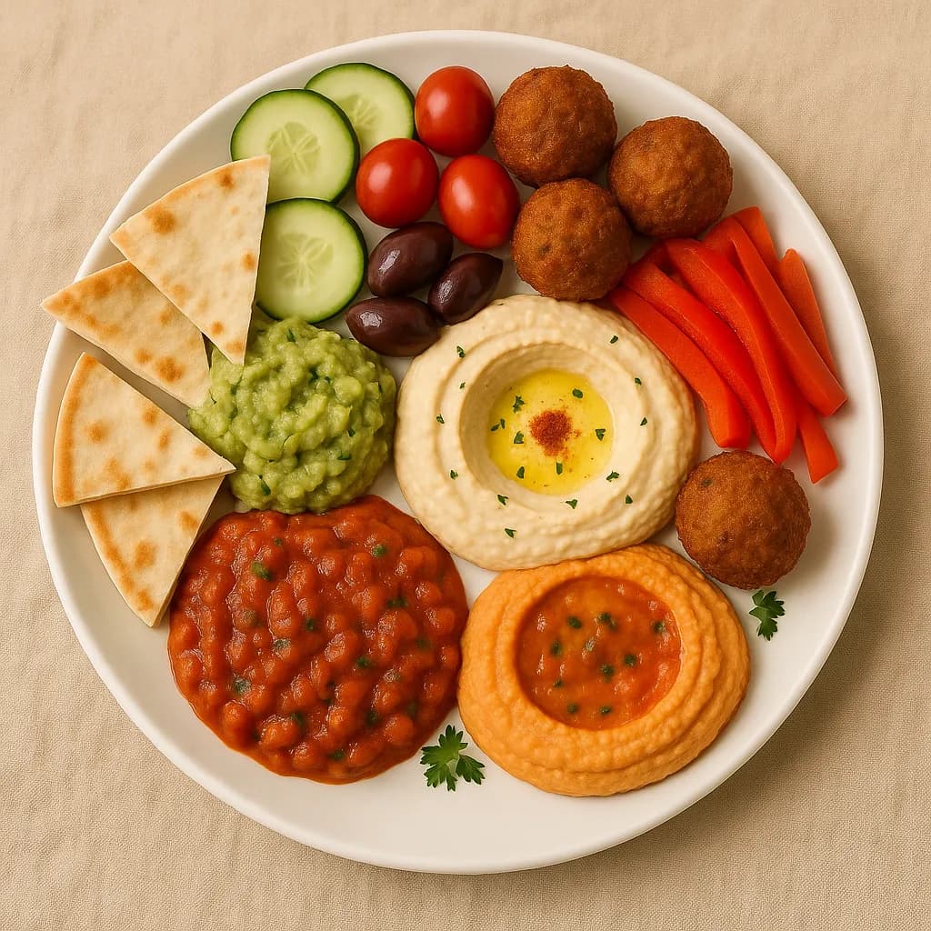 AI generated image: A Mediterranean mezze platter with creamy hummus. High-quality digital artwork created with AI image generation.