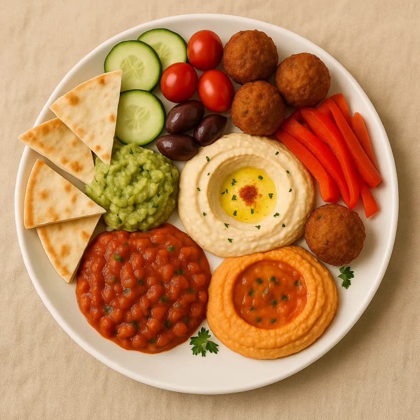 A Mediterranean mezze platter with creamy hummus