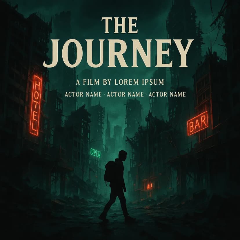 A dystopian movie poster with a crumbling neon-lit city