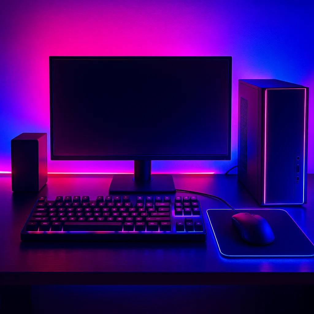 AI generated image: "Cyberpunk gaming station battlestation with neon lighting. High-quality digital artwork created with AI image generation.