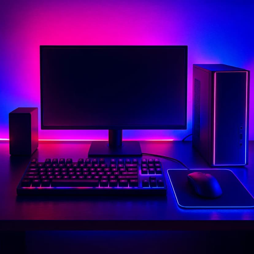 "Cyberpunk gaming station battlestation with neon lighting