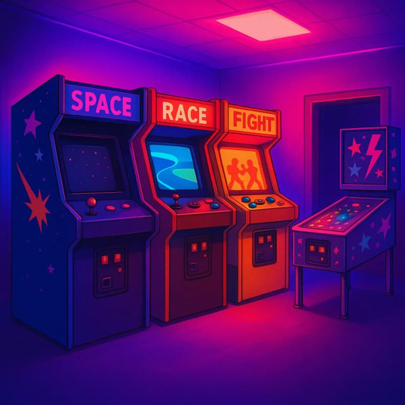 A vibrant retro 80s arcade bathed in neon pink and blue glow