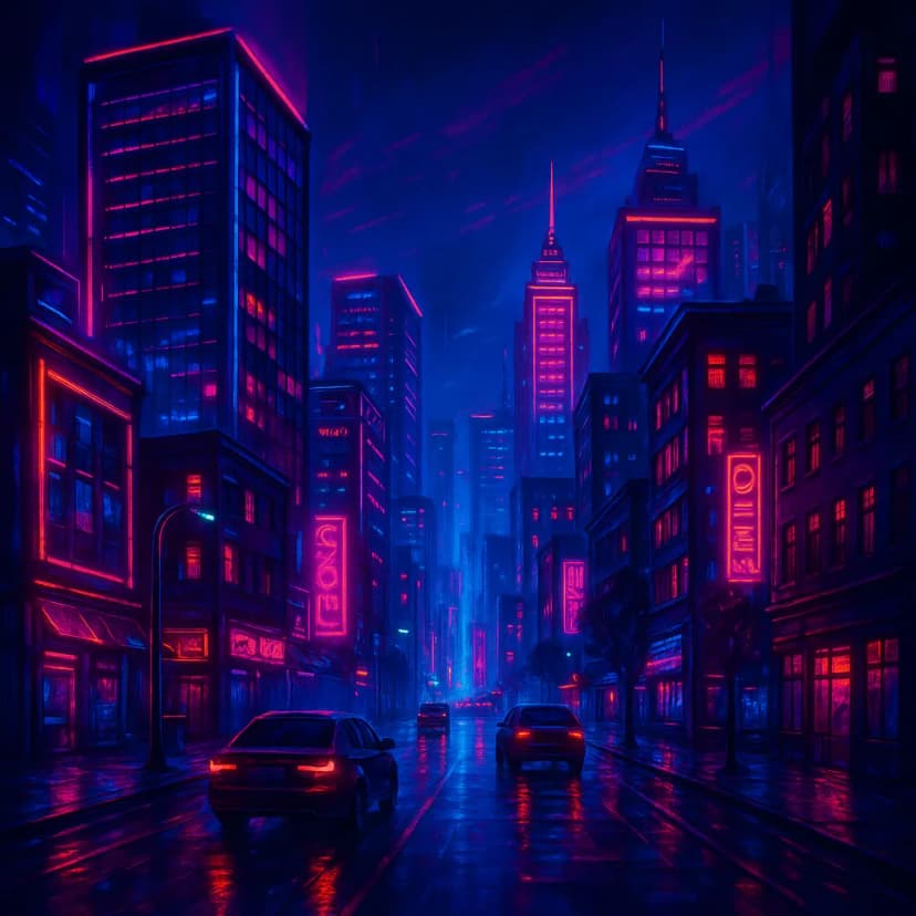 A cyberpunk city illustration with towering neon-lit skyscrapers