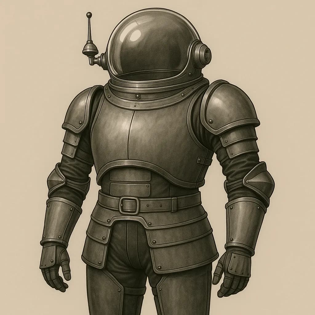 AI generated image: A retro-futuristic armor suit with a bubble helmet. High-quality digital artwork created with AI image generation.
