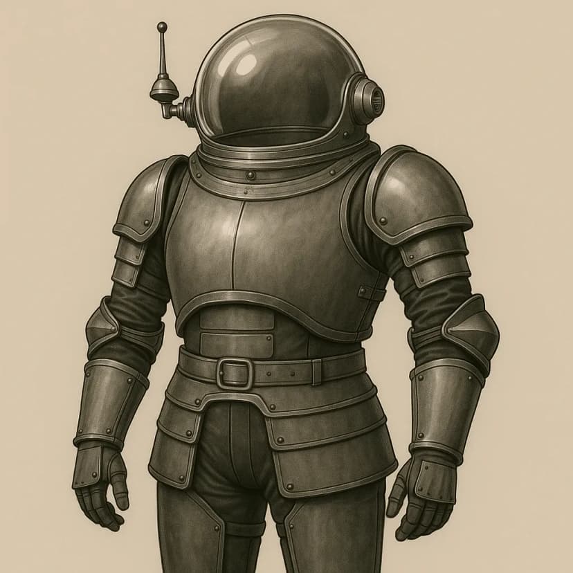 A retro-futuristic armor suit with a bubble helmet