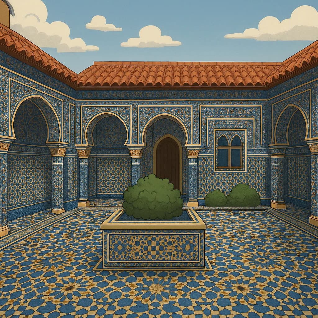 Image transformed with rustic loft patio style: [image-45369ecf-30a4-40f5-be0e-09c63fba6060] A Moroccan riad courtyard with intricate zellige tiles in sapphire and gold