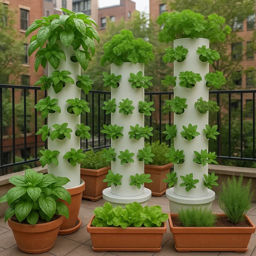 An urban gardening oasis with vertical hydroponic planters bursting with vibrant herbs