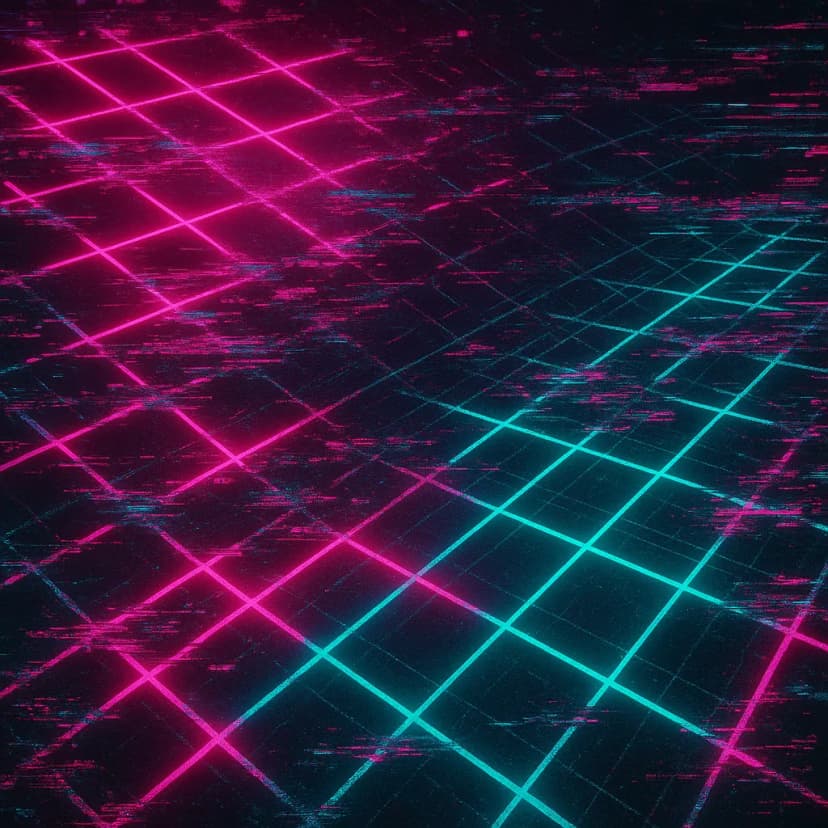 A glitch art illustration with distorted neon pink and teal grids