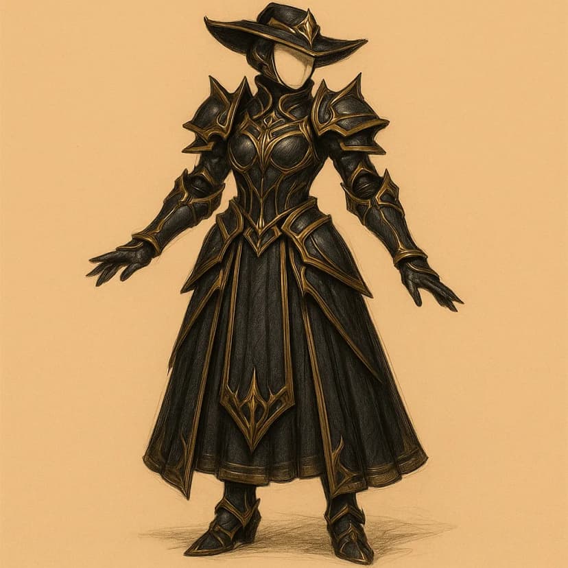 A cosplay costume design with intricate fantasy armor in obsidian and gold