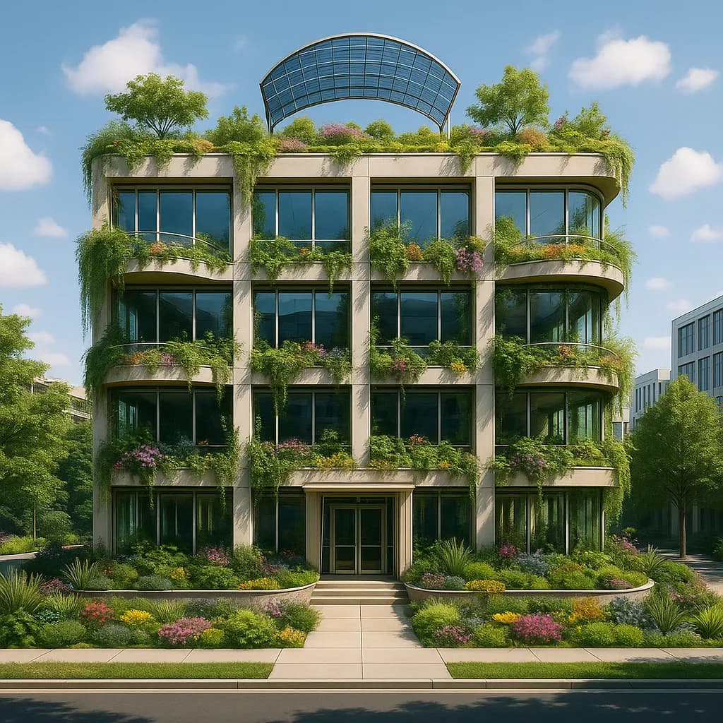 Image transformed with rustic loft patio style: [image-f84dd8fe-098f-4f9b-b096-9cab1978dfaa]  "Solarpunk utopian redesign of corporate office building with integrated gardens