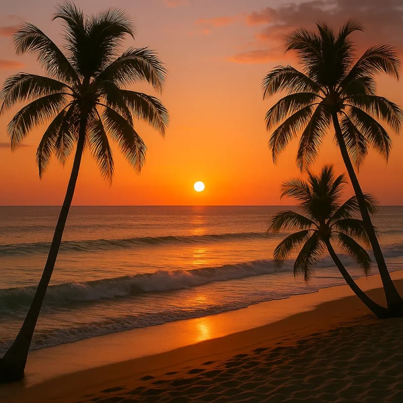 A tropical island sunset with swaying coconut palms