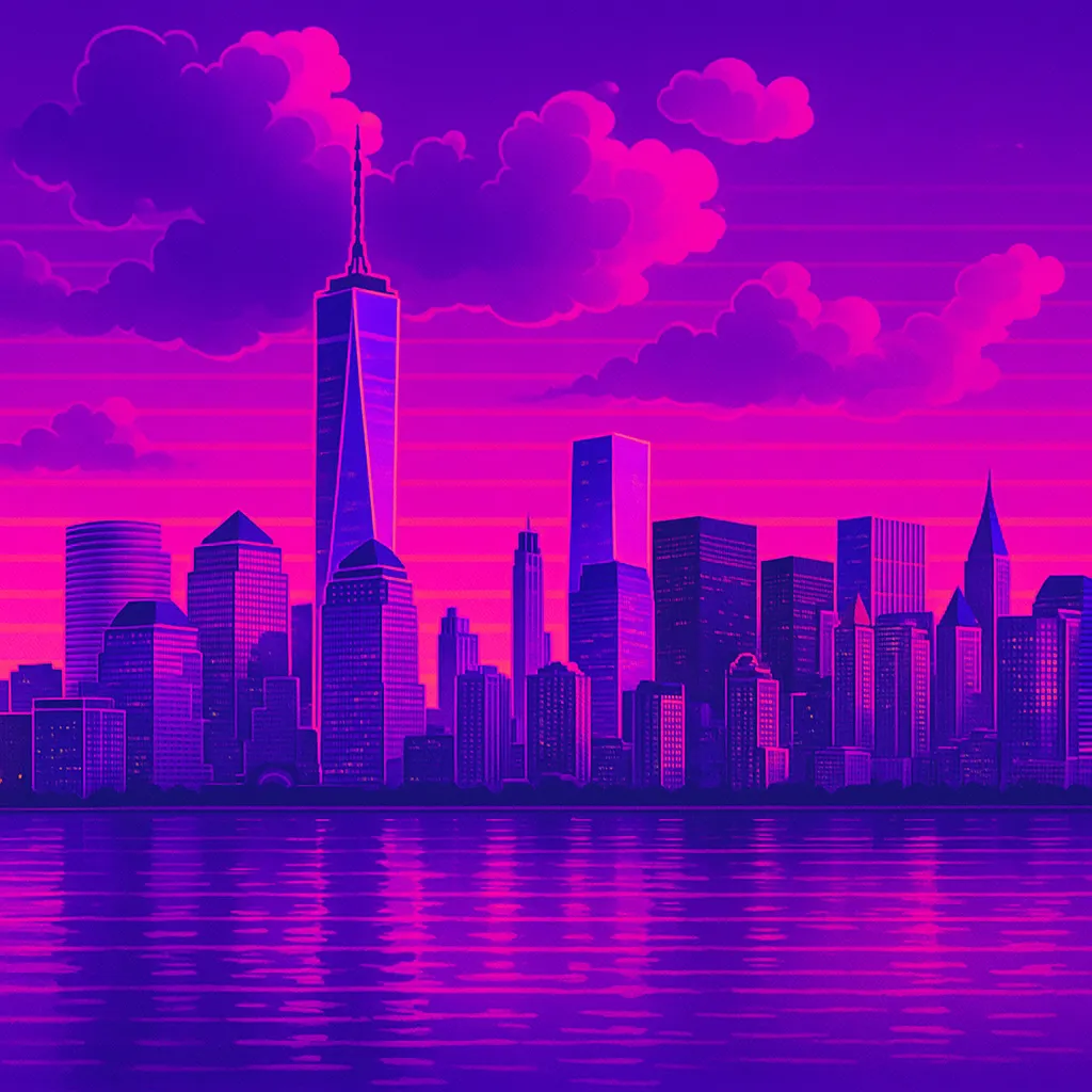 AI generated image: Vaporwave aesthetic of city skyline at sunset, neon pink and purple gradient sky, retro 80s digital art style. High-quality digital artwork created with AI image generation.