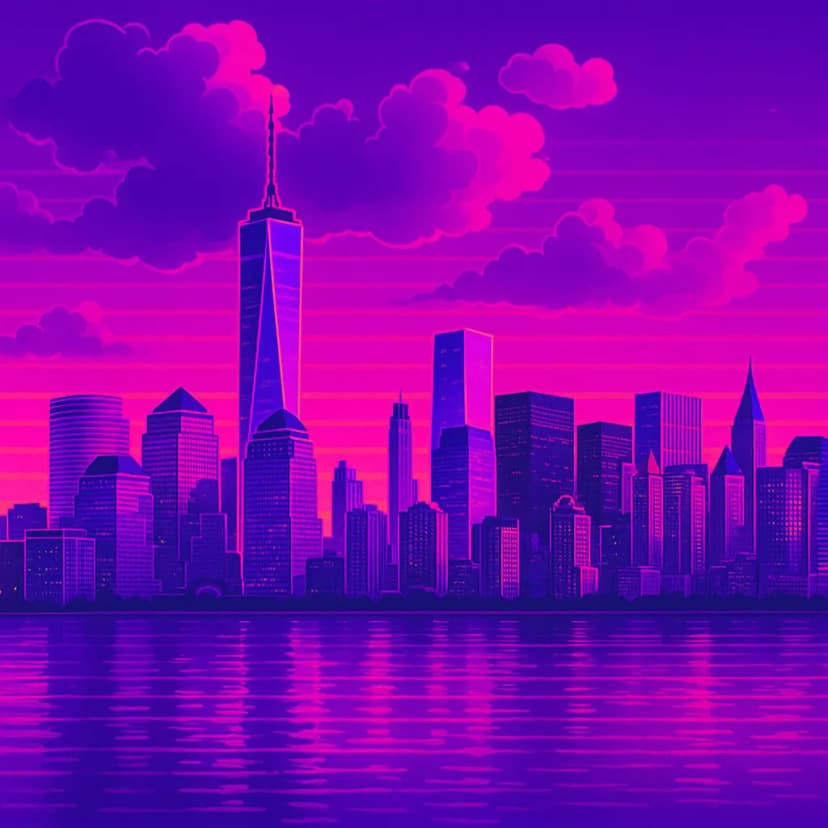 Vaporwave aesthetic of city skyline at sunset, neon pink and purple gradient sky, retro 80s digital art style