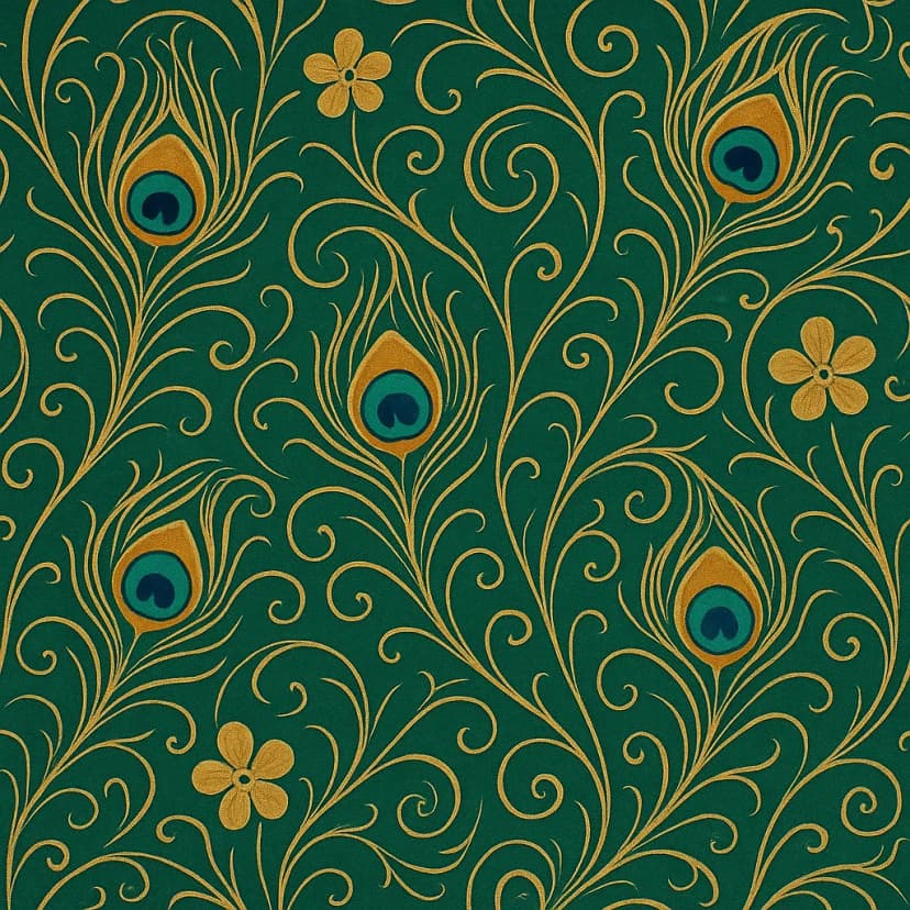An Art Nouveau pattern with flowing vines and peacock feathers in emerald and gold