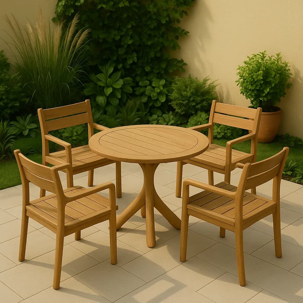 Image transformed with rustic loft patio style: [image-5141c019-d59b-47e8-a445-f393e1b639ef] An organic modern patio with smooth teak furniture
