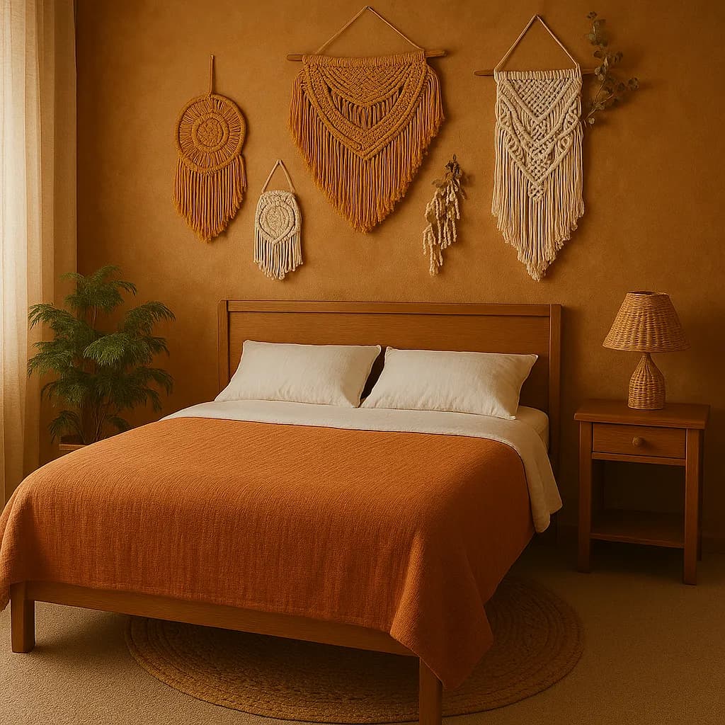 Image transformed with rustic loft patio style: [image-1e40bdbd-dfc0-4ae8-b955-2e7cb42577ab] A boho-chic bedroom with intricate macrame wall hangings in earthy ochre