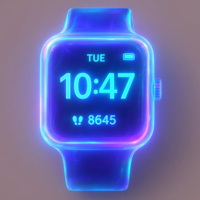 A holographic smartwatch with a glowing translucent face