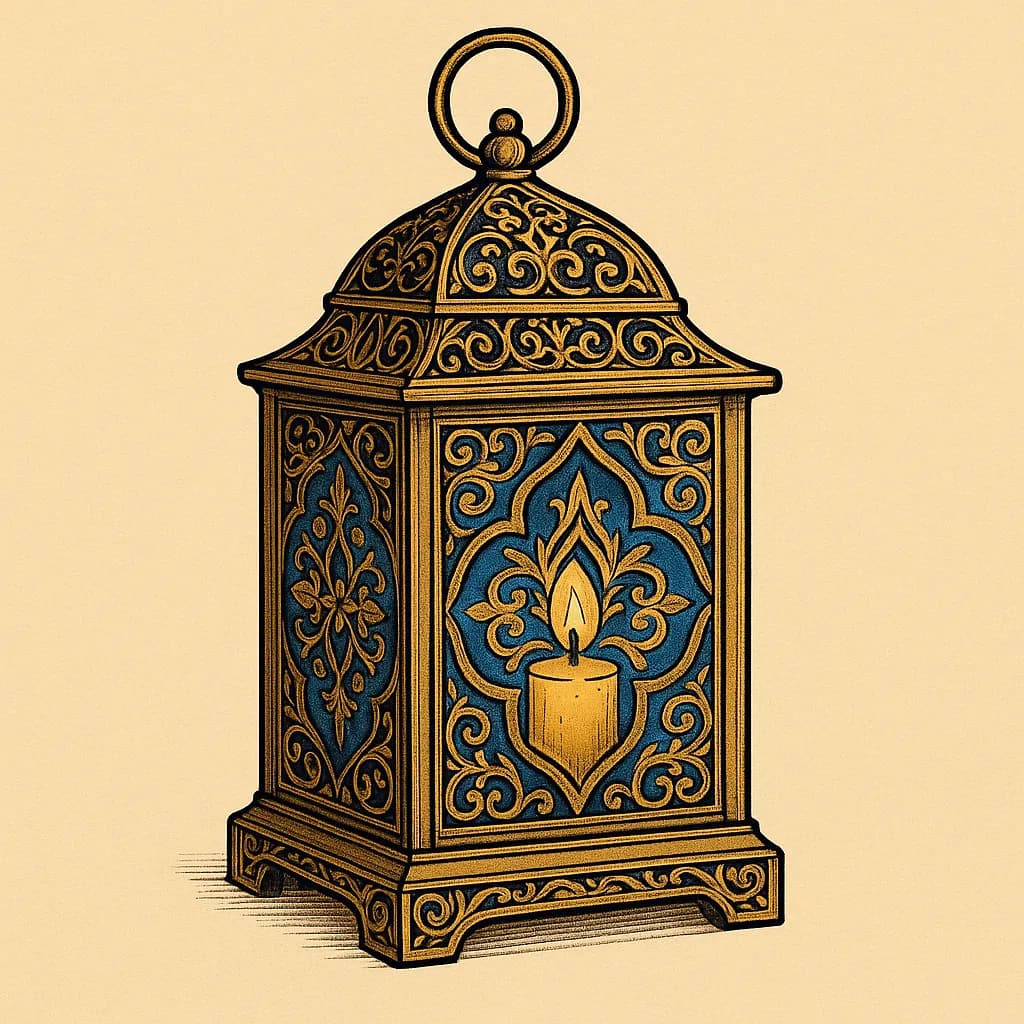 AI generated image: A vintage Moroccan lantern set with intricate filigree patterns in sapphire and gold. High-quality digital artwork created with AI image generation.