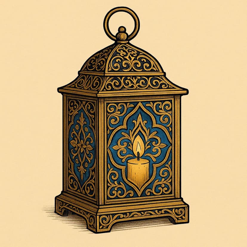 A vintage Moroccan lantern set with intricate filigree patterns in sapphire and gold