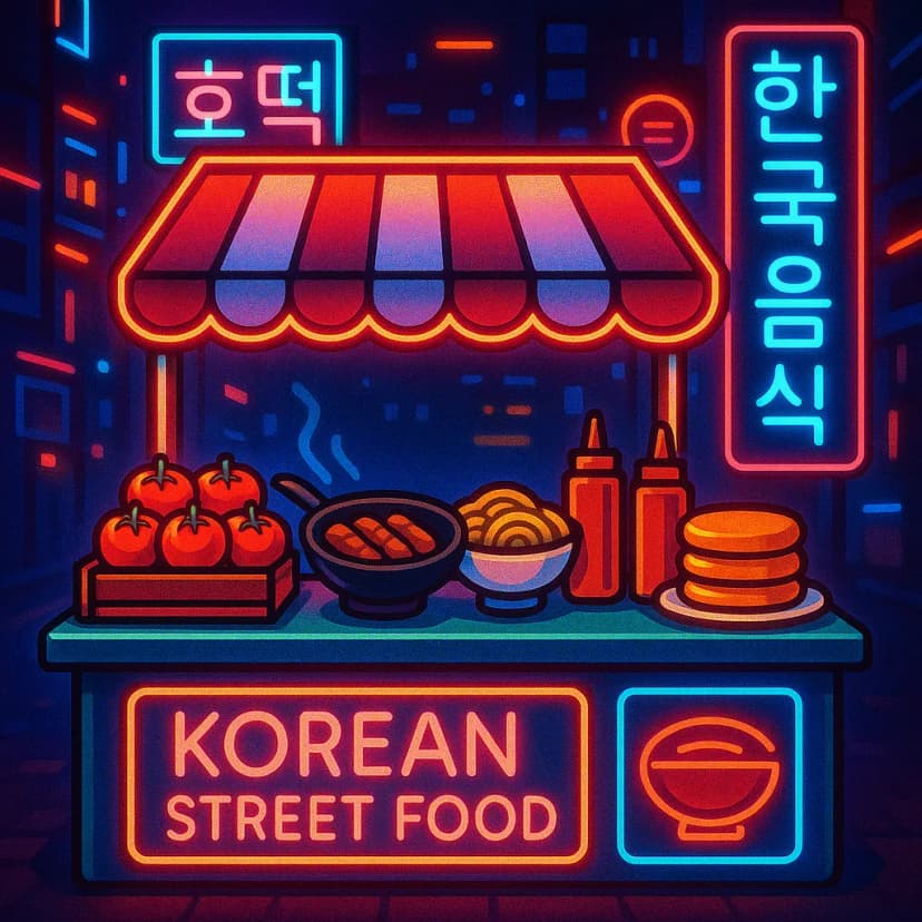 A bustling Korean street food stall with neon signs