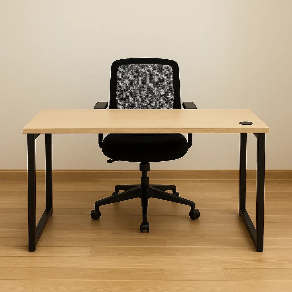 Image transformed with spanish interior design style: [image-749de1b8-1fa6-4b82-b89d-cbb92ada984b] A Scandinavian minimalist office with a sleek ash wood desk