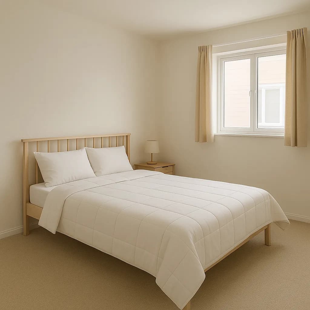 Image transformed with spanish interior design style: [image-27104fc2-39cd-473c-b775-6c937cb5ff85] A modern Scandi bedroom with minimalist birch furniture