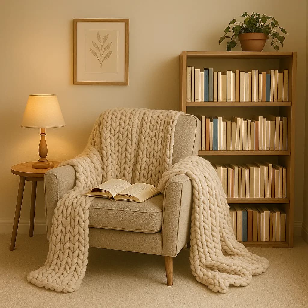 AI generated image: A cozy hygge reading nook with plush wool blankets. High-quality digital artwork created with AI image generation.