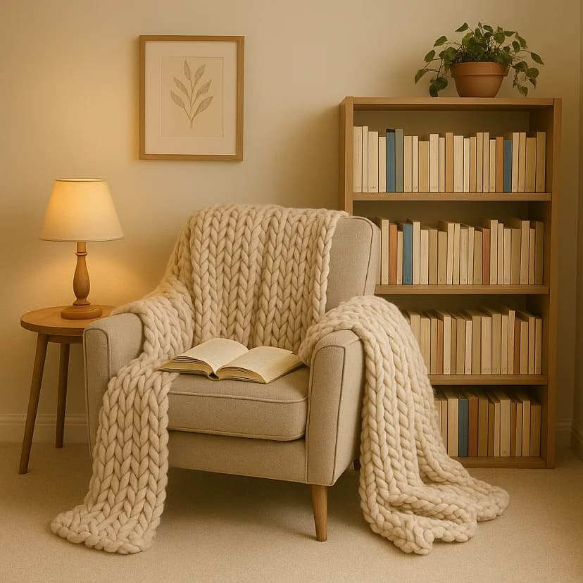 A cozy hygge reading nook with plush wool blankets
