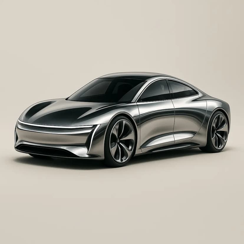 A futuristic car concept with a sleek aerodynamic shell in liquid chrome