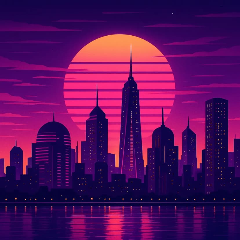 A retro-futuristic metropolis at twilight