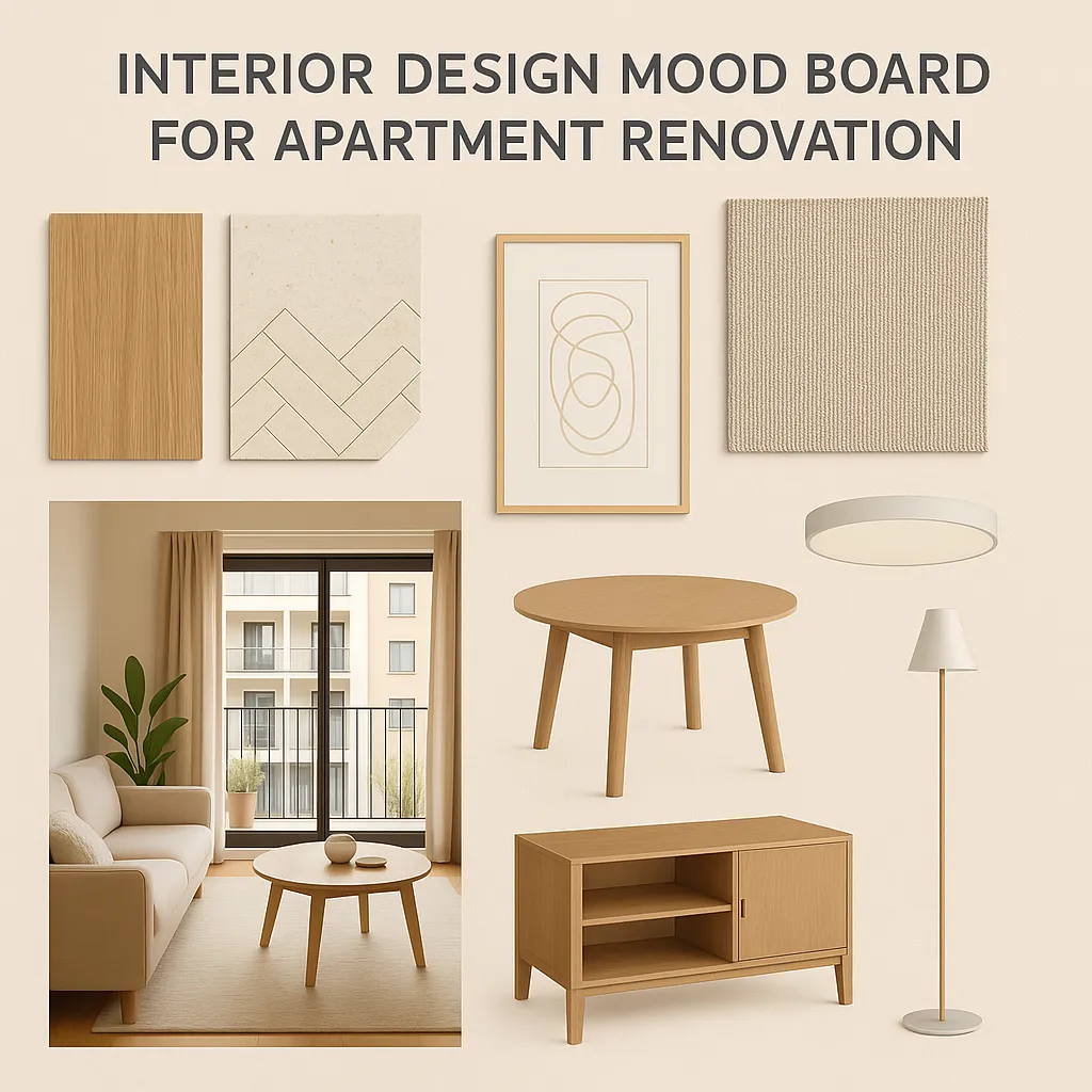 Image transformed with rustic loft patio style: [image-12fd8920-11da-4532-9235-086029075a47]  "Interior design mood board for apartment renovation