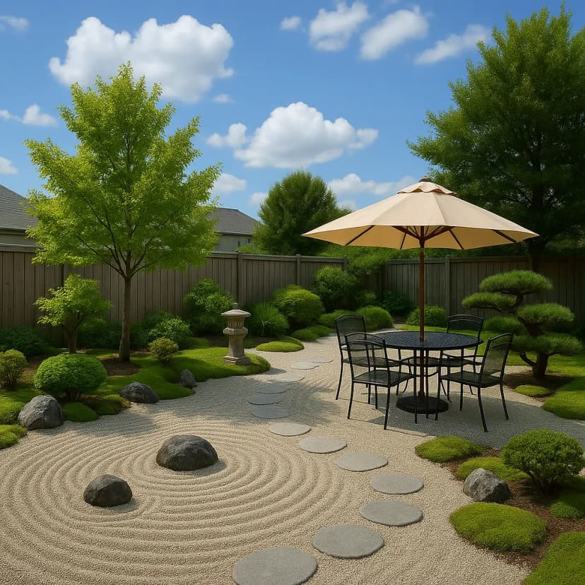 Japanese zen garden transformation concept for backyard, landscape architecture visualization, tranquil design