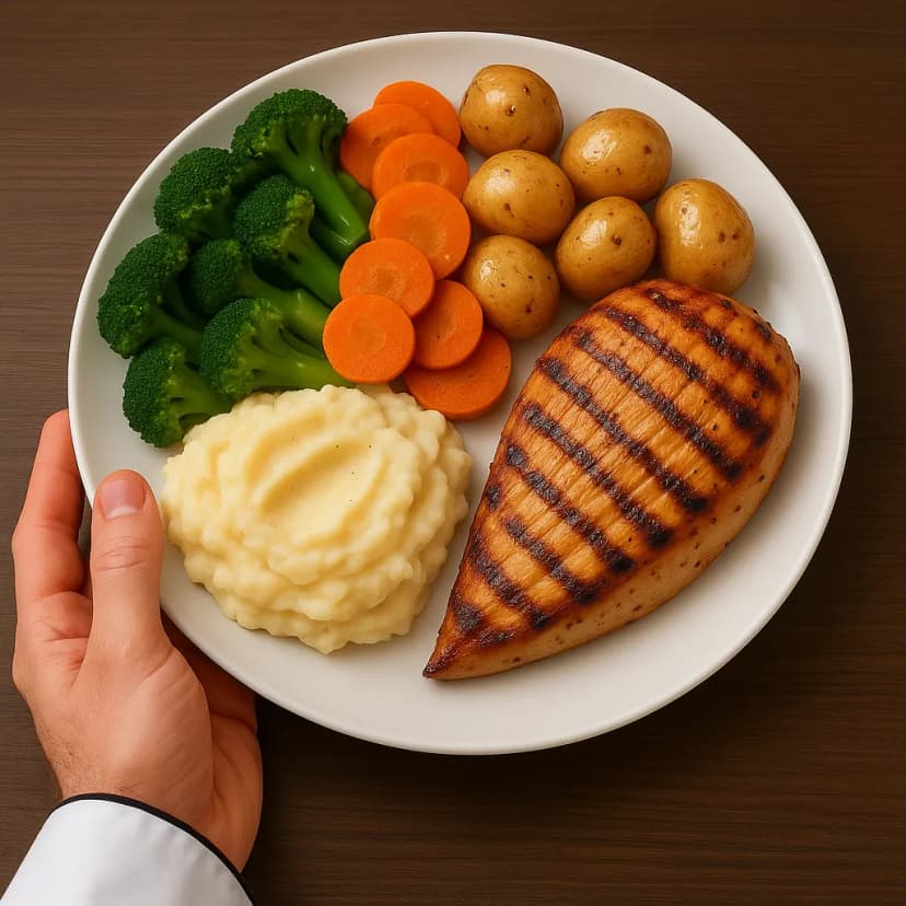 "Overhead shot of chef's dinner plate presentation