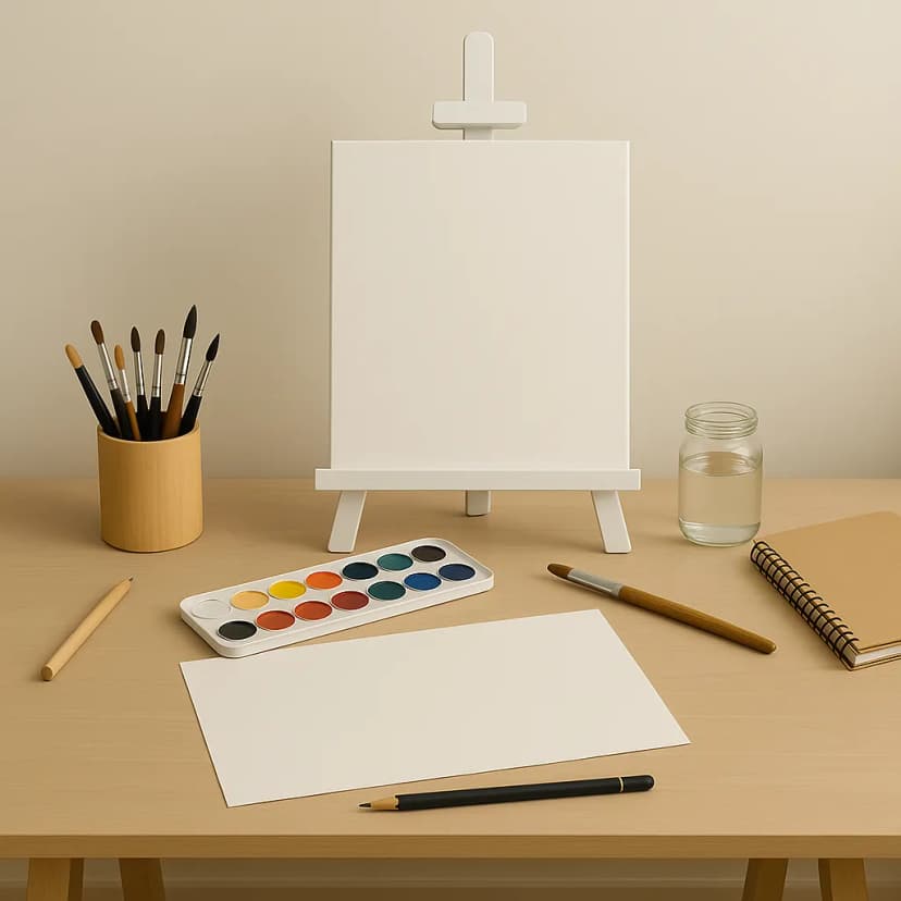 A minimalist art studio with a sleek white easel