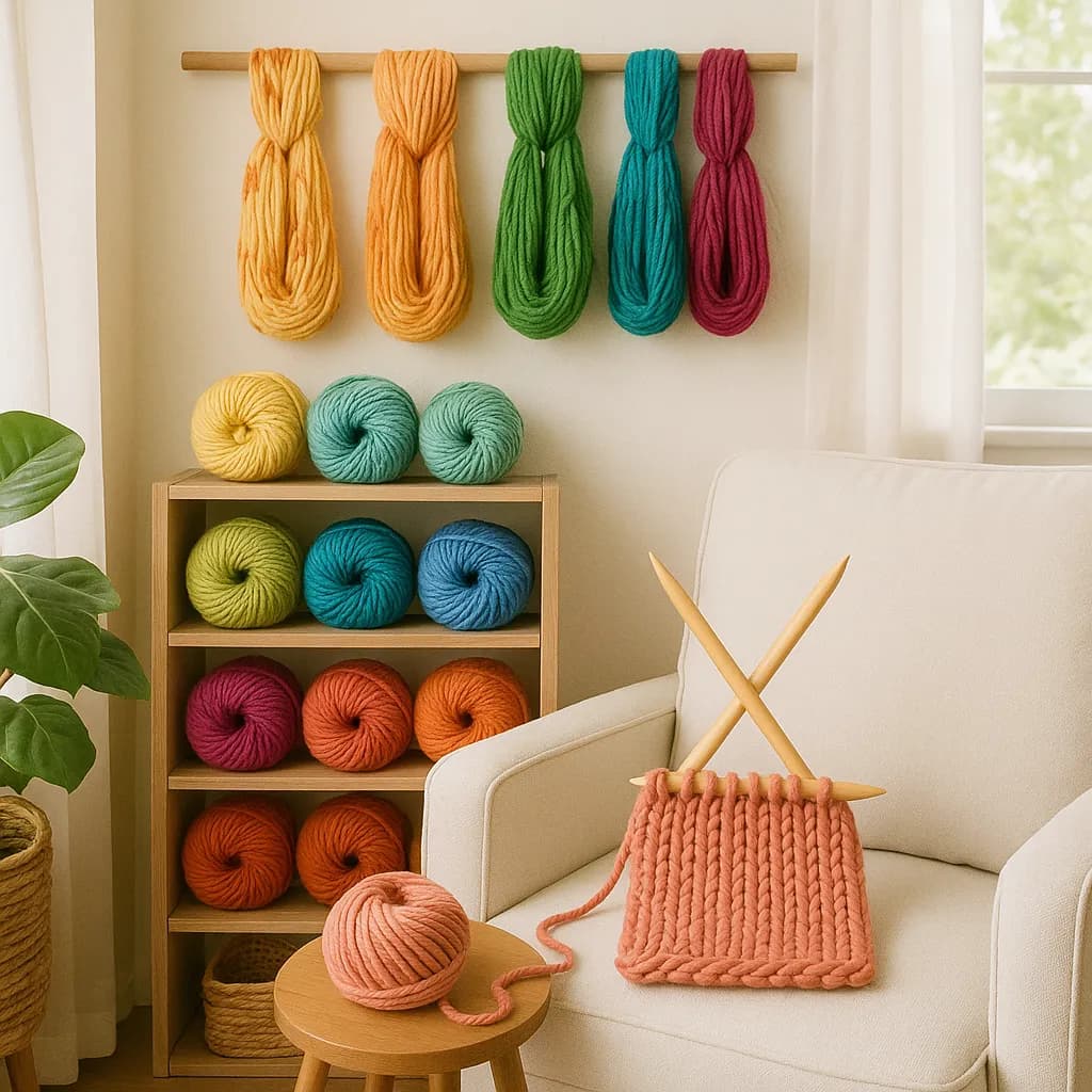 AI generated image: A cozy knitting nook with colorful hand-dyed yarns. High-quality digital artwork created with AI image generation.