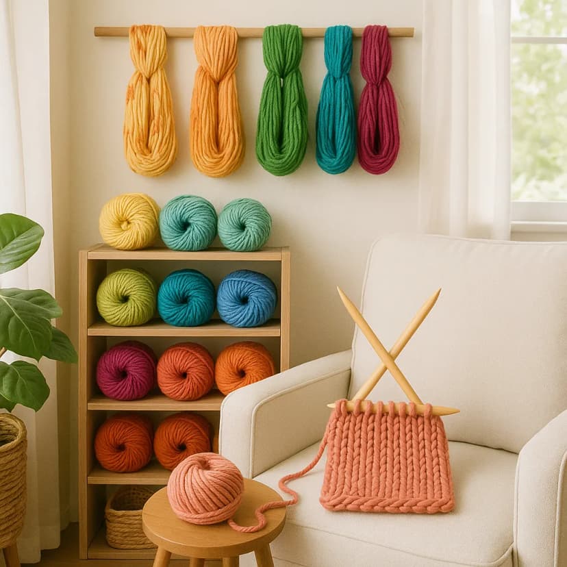 A cozy knitting nook with colorful hand-dyed yarns