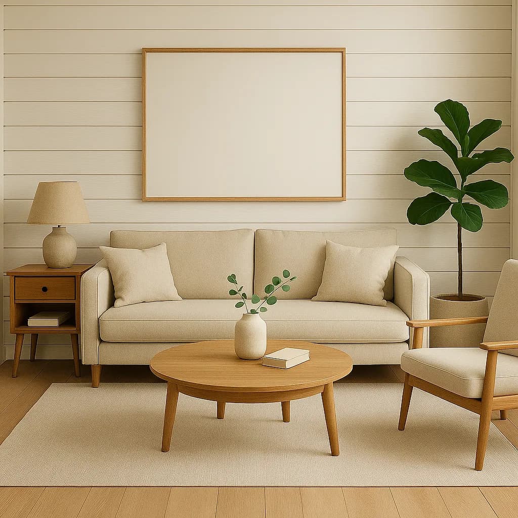 Image transformed with spanish interior design style: [image-c4884717-c8ba-48df-8bc9-fe48a918ee64] Coastal farmhouse living room with white shiplap walls