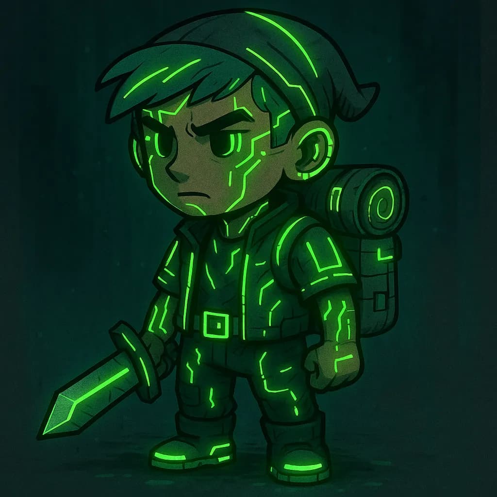 AI generated image: A cyberpunk game character with neon green cybernetic implants. High-quality digital artwork created with AI image generation.